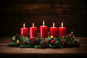 rojo ardiente velas para alemán adviento estación. Navidad guirnalda decoración en oscuro de madera antecedentes. ai generativo foto