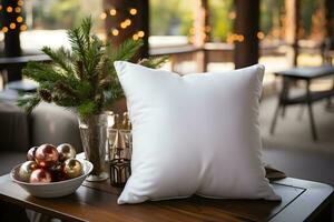 Blank white pillow mockup on wooden table with christmas tree decoration and lights bokeh background. Holiday template composition. Copy space. AI Generative photo