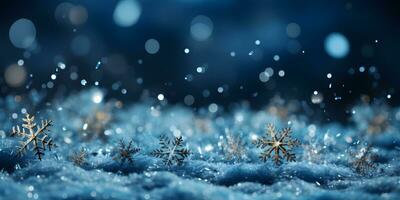 Winter dark banner with snow, snowflakes, beautiful macro shot on the navy blue background with free space. AI Generative photo