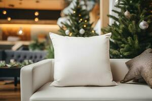 Blank white pillow mockup on leather sofa with christmas tree and lights bokeh background. Holiday template composition with decoration. Copy space. AI Generative photo