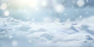 Winter snow banner background with snow drifts, with beautiful light and snowflakes on the blue sky. AI Generative photo