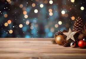 Christmas sparkling gold balls with glitter and christmas tree branch on blurred lights background. Festive mockup banner with creative baubles decoration and copy space. AI Generative photo