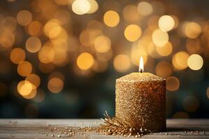 Christmas gold burning candle on festive sparkling background. First advent sunday tradition with xmas decoration and copy space. AI Generative photo