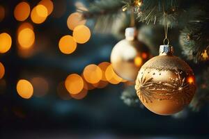 Close up of christmas tree with shiny gold balls on dark blurred lights background. Festive mockup with creative baubles decoration and copy space. AI Generative photo