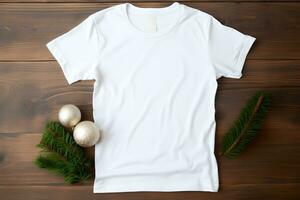 White t-shirt christmas mockup with fir tree branches, cones and balls decoration on wooden background. Design t shirt template, print presentation mock up. Top view flat lay. AI Generative photo