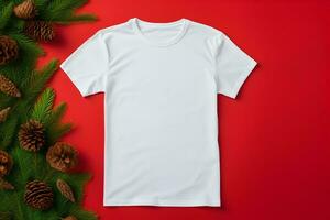 White t-shirt christmas mockup with fir tree branches on red background. Design t shirt template, print presentation mock up. Top view flat lay. AI Generative photo