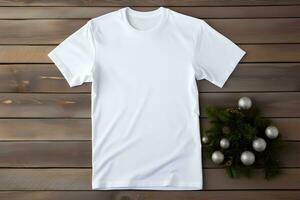 White t-shirt christmas mockup with fir tree branches, cones and balls decoration on wooden background. Design t shirt template, print presentation mock up. Top view flat lay. AI Generative photo