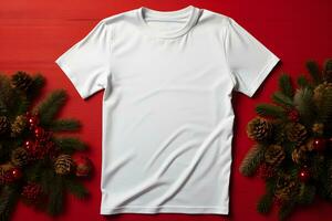 White t-shirt christmas mockup with fir tree branches, cones, balls and baubles decoration on red background. Design t shirt template, print presentation mock up. Top view flat lay. AI Generative photo