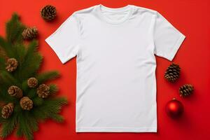 White t-shirt christmas mockup with fir tree branches, cones and balls decoration on red background. Design t shirt template, print presentation mock up. Top view flat lay. AI Generative photo