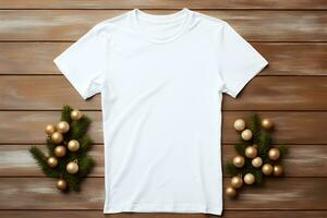 White t-shirt christmas mockup with fir tree branches, cones and balls decoration on wooden background. Design t shirt template, print presentation mock up. Top view flat lay. AI Generative photo