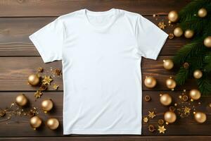 White t-shirt christmas mockup with fir tree branches, cones and balls decoration on wooden background. Design t shirt template, print presentation mock up. Top view flat lay. AI Generative photo