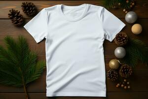 White t-shirt christmas mockup with fir tree branches, cones and balls decoration on wooden background. Design t shirt template, print presentation mock up. Top view flat lay. AI Generative photo