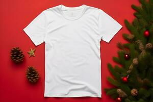 White t-shirt christmas mockup with fir tree branches, cones and balls decoration on red background. Design t shirt template, print presentation mock up. Top view flat lay. AI Generative photo