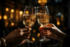 Hands of young couple holding champagne glasses on festive gold glowing bokeh background. Celebration background with sparkling wine. AI Generative photo