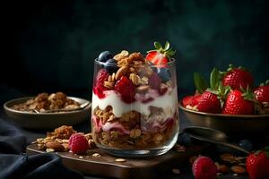 Yogurt granola parfait with sliced nuts, fresh strawberry, raspberry and blueberry in a glass jar on dark background. Generative AI. photo