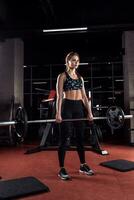 Young beautiful woman doing exercise with bar in a gym. Athletic girl doing workout in a fitness center. photo