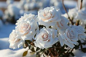 AI generated Winter's Magic White Roses Blanketed in Snow photo