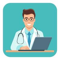 The doctor sits at a laptop and conducts a consultation. Vector flat illustration