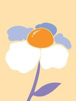 Abstract yellow and white petals flower with purple stem and leaves. Artsy vector illustration for card or poster design isolated on vertical yellow. Simple flat cartoon minimalist art styled drawing.
