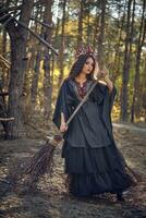 bruja en negro, largo vestido, con rojo corona en su largo cabello. posando con Escoba en pino bosque. hechizos, magia y brujería. lleno longitud retrato. foto