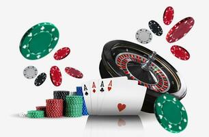 Close-up photo of four aces ahead of a black roulette and colorful chips in piles flying apart, isolated on white background. Gambling entertainment.
