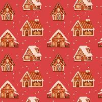 Seamless pattern of Christmas gingerbread house cookies with snow on red background. vector