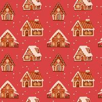 Seamless pattern of Christmas gingerbread house cookies with snow on red background. vector