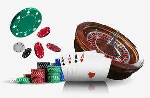 Close-up photo of four aces ahead of a brown roulette and colorful chips in piles flying apart, isolated on white background. Gambling entertainment.