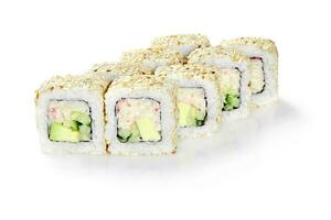 California sushi rolls with surimi crab, avocado and cucumber sprinkled with sesame photo