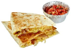 Cut in half quesadilla in corn tortilla with chicken, cheese with pico de gallo photo