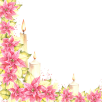 aquarelle peint coin Cadre avec rose poinsettia fleurs feuilles, flamboyant bougies et éclaboussures illustration pour Noël, Nouveau année carte modèle, hiver célébrer imprimer. png