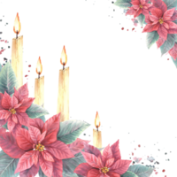 vattenfärg målad hörn ram med röd julstjärna blommor löv med flammande ljus och stänk illustration för jul, ny år kort, vinter- Semester fira skriva ut png