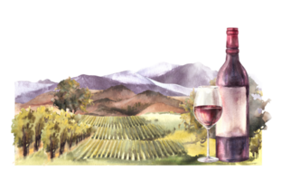 Watercolor wine label Bottle and glass of wine in front of vineyards rural landscape with grape fields, trees, hills and mountains Winemaking farm. Hand draw illustration png