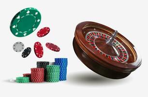 Close-up photo of a brown roulette and chips in piles which are flying apart, isolated on white background. Gambling entertainment.