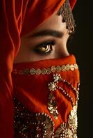 Studio shot of a young charming woman wearing the terracotta hijab decorated with sequins and jewelry. Arabic style. photo