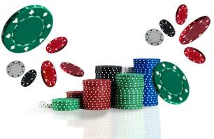 Colorful chips in piles are flying apart, isolated on white background. Close-up photo. Gambling entertainment. photo