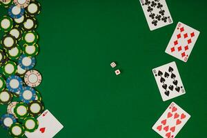 Poker. Banner template layout mockup for online casino. Green table, top view on workplace. photo