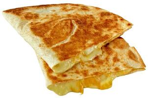Two halves of quesadilla of corn tortilla with cheese isolated on white photo