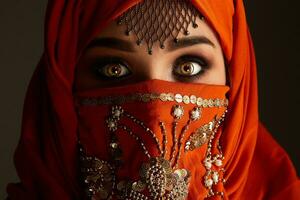 estudio Disparo de un joven encantador mujer vistiendo el terracota hijab decorado con lentejuelas y joyas. Arábica estilo. foto