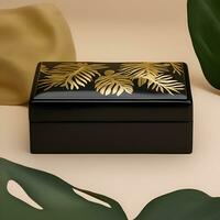 negro rectangular caja con dorado hojas decoración, generativo ai foto