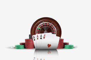 Close-up photo of four aces standing ahead of a brown roulette and chips in piles, isolated on white background. Gambling entertainment.