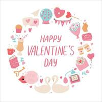 Valentine's day greeting card, poster, banner, print, invitation design with frame of doodles and lettering quote. EPS 10 vector