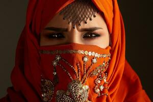 Studio shot of a young charming woman wearing the terracotta hijab decorated with sequins and jewelry. Arabic style. photo