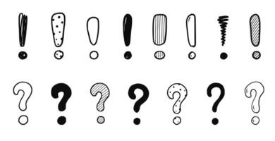 Doodle exclamation point and question sign mark set. Hand drawn sketch style exclamation point sign, question mark. Scribble doodle warning sign. vector