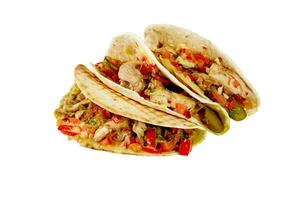 Tacos with chicken, caramelized onion, chimichurri sauce, pickles, pico de gallo and chili peppers isolated on white photo