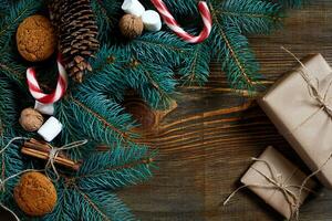 Christmas or New Year background with cookies, spices, cinnamon, nuts and fir tree branch on dark wooden background. photo