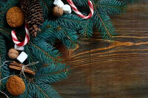 Navidad o nuevo año antecedentes con galletas, especias, canela, nueces y abeto árbol rama en oscuro de madera antecedentes. foto