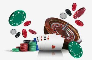 Close-up photo of four aces ahead of a brown roulette and colorful chips in piles flying apart, isolated on white background. Gambling entertainment.