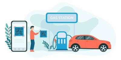 Flat vector illustration of a man using a mobile phone to pay for gas by scanning a QA code at a gas station.