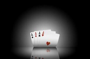 Close-up photo of four aces standing on a mirror surface with a backlight. Black background. Playing cards. Gambling entertainment.